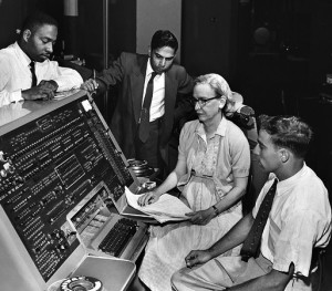 SI Neg. 83-14878. Date: na. Grace Murray Hopper at the UNIVAC keyboard, c. 1960. Grace Brewster Murray: American mathematician and rear admiral in the U.S. Navy who was a pioneer in developing computer technology, helping to devise UNIVAC I. the first commercial electronic computer, and naval applications for COBOL (common-business-oriented language).  Credit: Unknown (Smithsonian Institution)