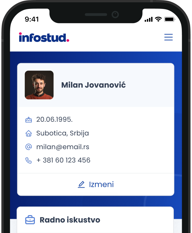screenshot of a mobile displaying infostud profile